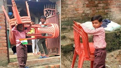 Children were made to pick up chairs after hoisting the tricolor flag on Independence Day in Unnao.